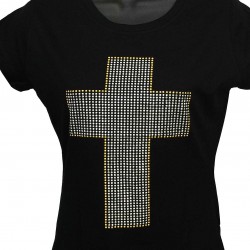 Cross Graphic Silver and Gold - Rhinestone Ladies T-Shirt