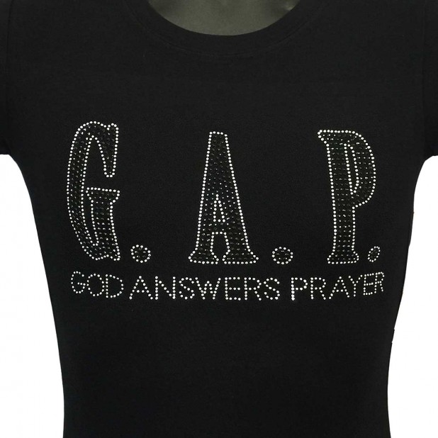 God Answers Prayer -  Black and Silver Rhinestone Ladies T-Shirt