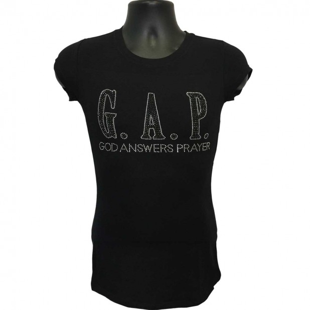God Answers Prayer -  Black and Silver Rhinestone Ladies T-Shirt